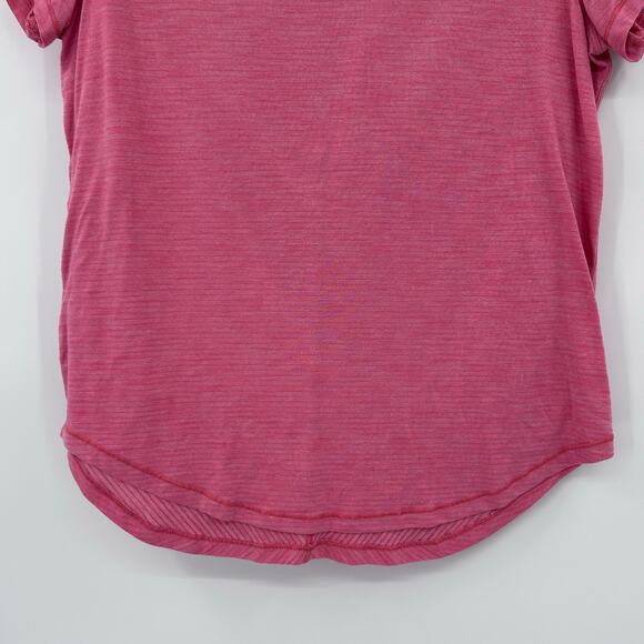 Lululemon Pink Micro Stripe Tee Shirt Round Hem Shoulder Pleat Womens Size 4 - Picture 5 of 12